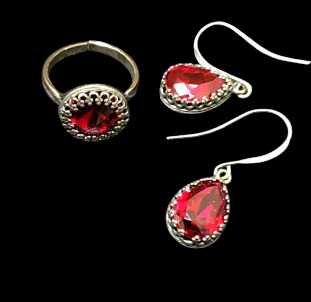 Ruby Red Jewelry Ring Earrings Set Pewter